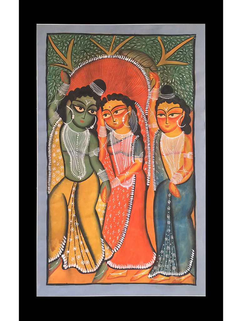Kalighat Painting With Mount - Ram, Sita, Lakshman (25" x 17")