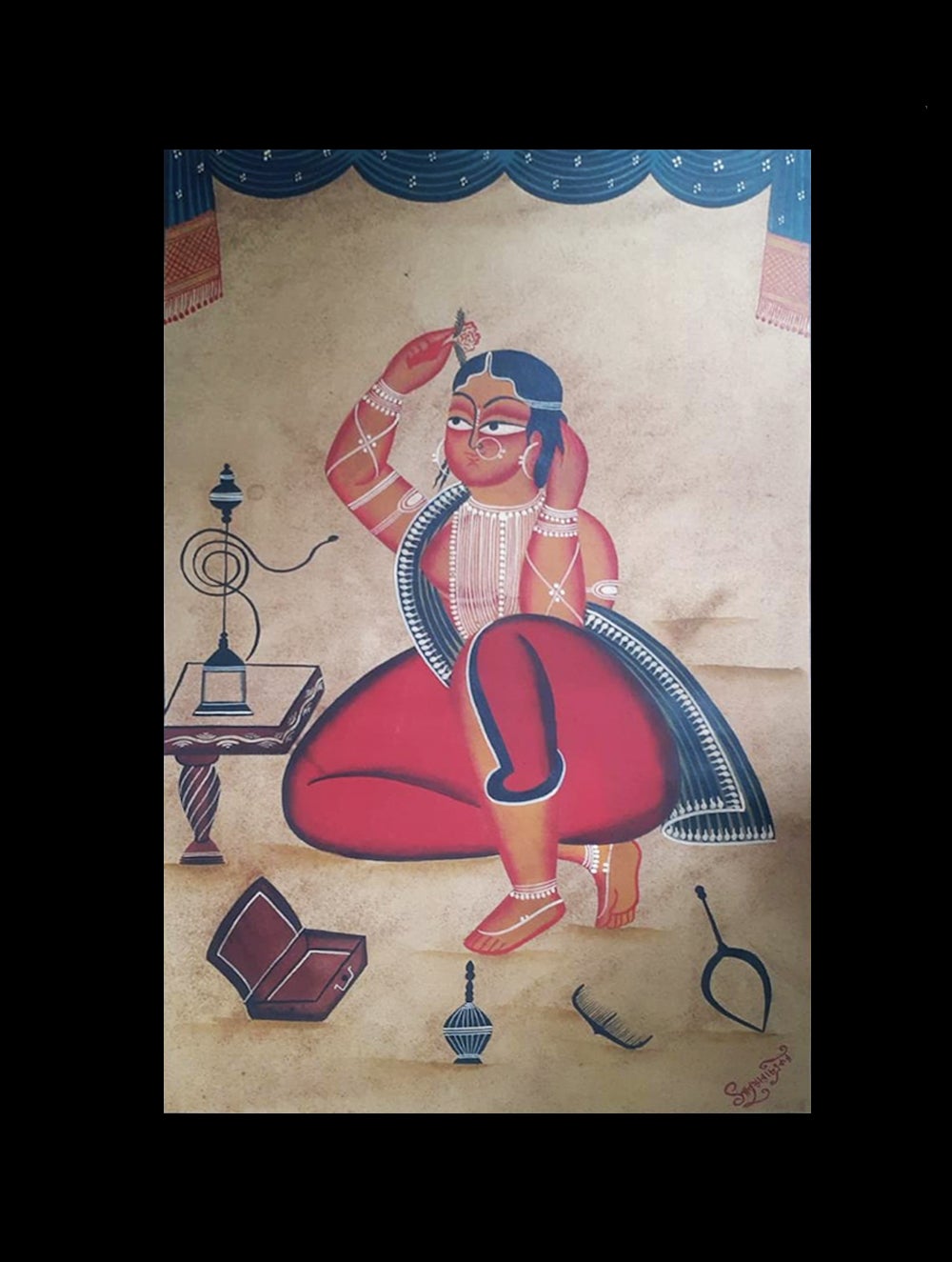 Load image into Gallery viewer, Kalighat Painting With Mount - Shola Shringar (25&quot; x 17&quot;)