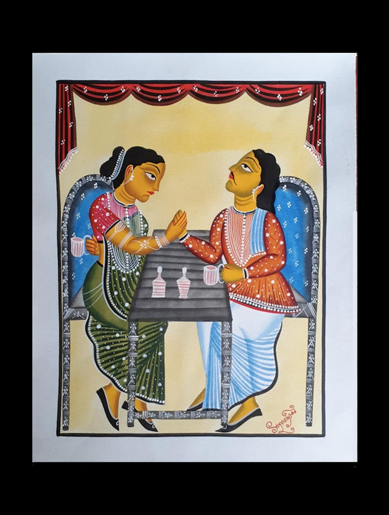 Kalighat Painting With Mount - Tea Together (17" x 14")