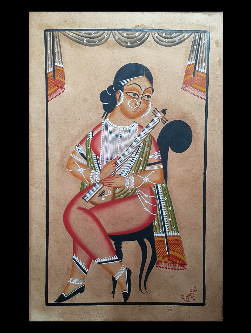 Load image into Gallery viewer, Kalighat Painting With Mount - The Lady Musician (25&quot; x 17&quot;)