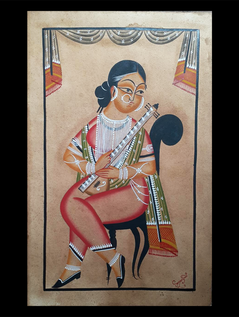 Kalighat Painting With Mount - The Lady Musician (25" x 17")