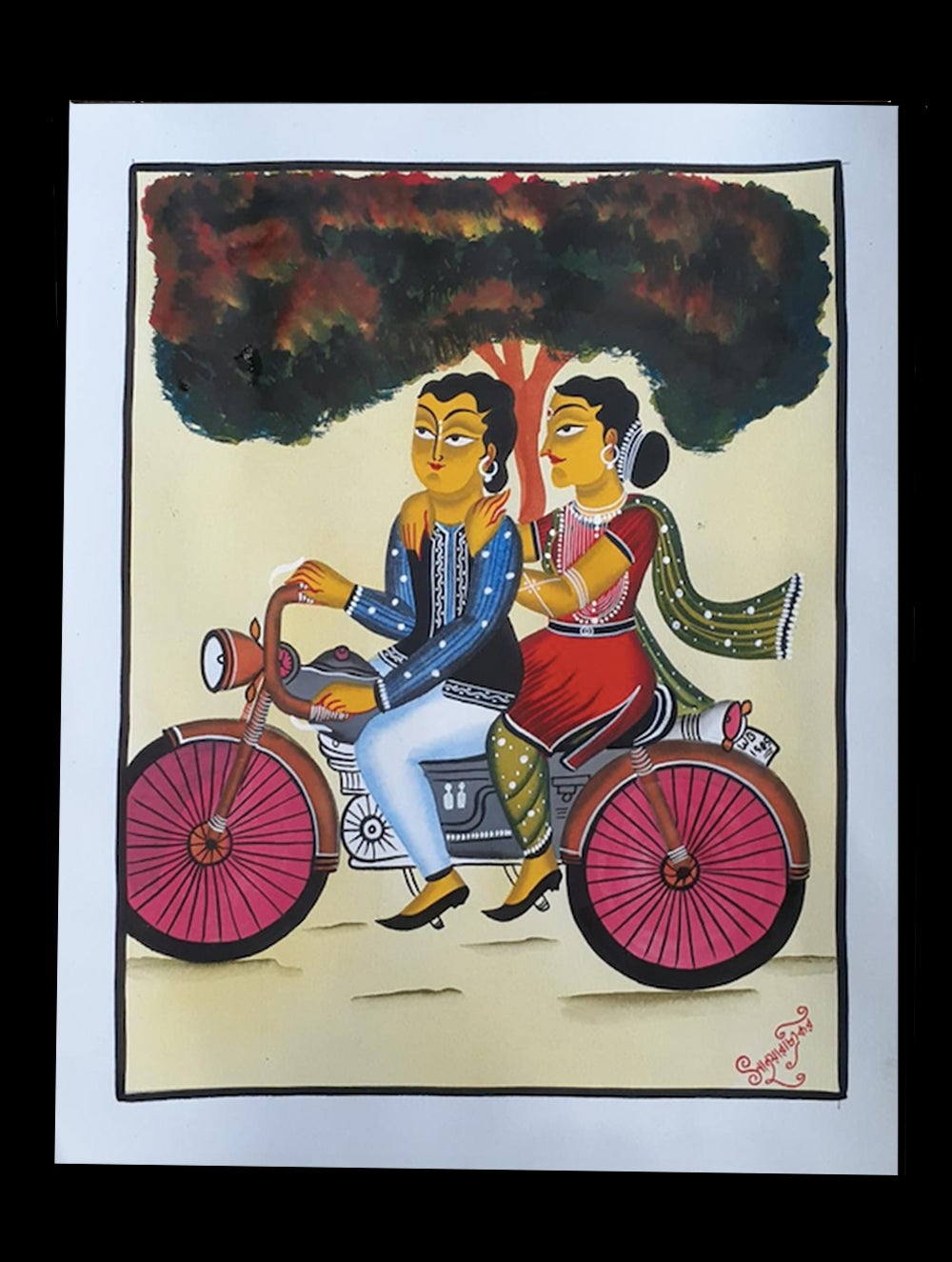 Load image into Gallery viewer, Kalighat Painting With Mount - The Mobike Ride (17&quot; x 14&quot;)