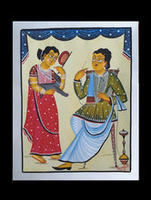 Load image into Gallery viewer, Kalighat Painting With Mount - Zamindar &amp; Lady (17&quot; x 14&quot;)