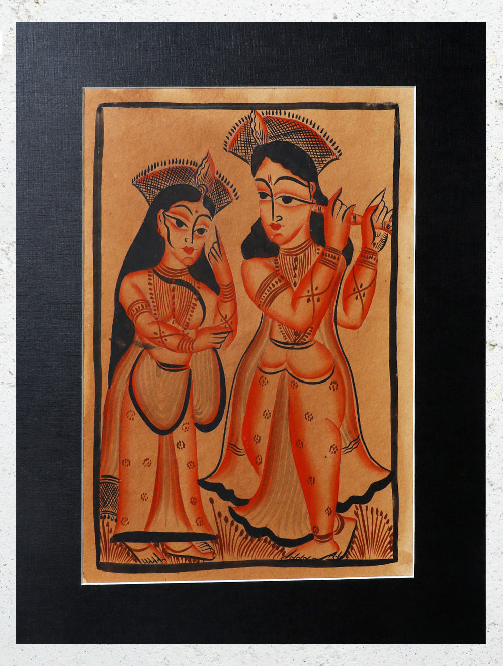 Load image into Gallery viewer, Kalighat Painting With Mount (Medium) - Krishna Radha (14&quot;x11&quot;)