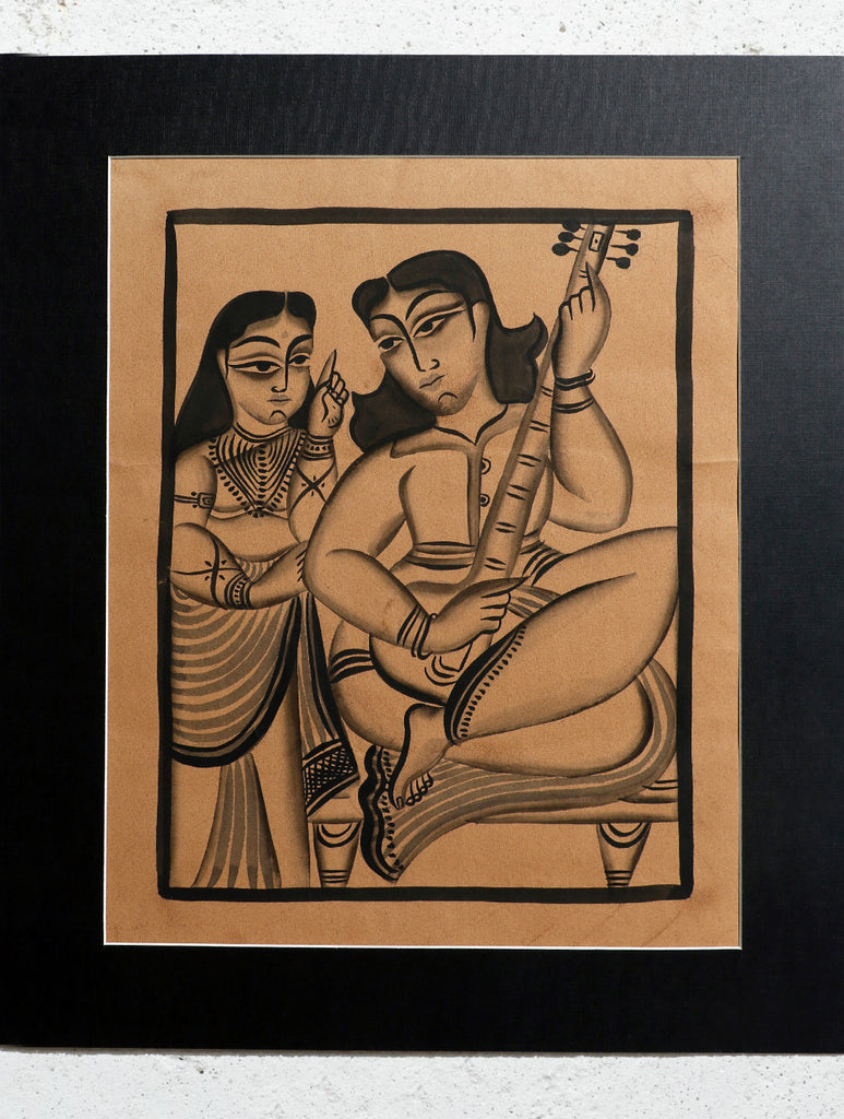 Kalighat Painting With Mount (Medium) - Musician & Consort (15.8"x12.5")
