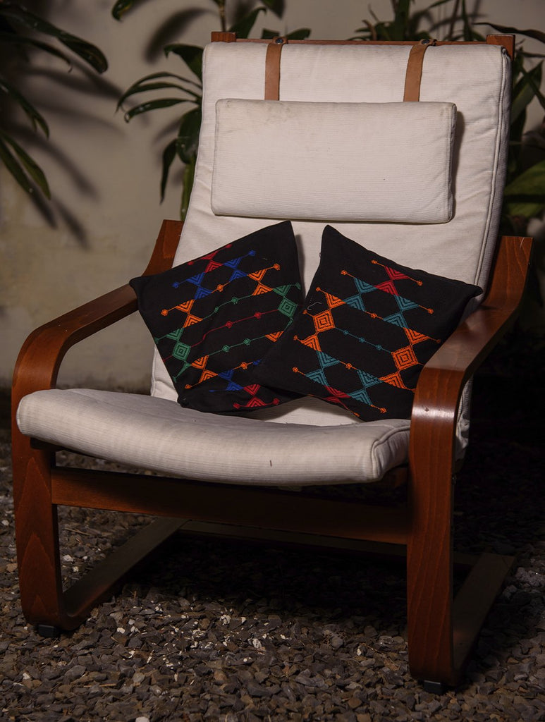 Kashida Pattu Woven Cushion Covers - Black (Small, Set of 2)
