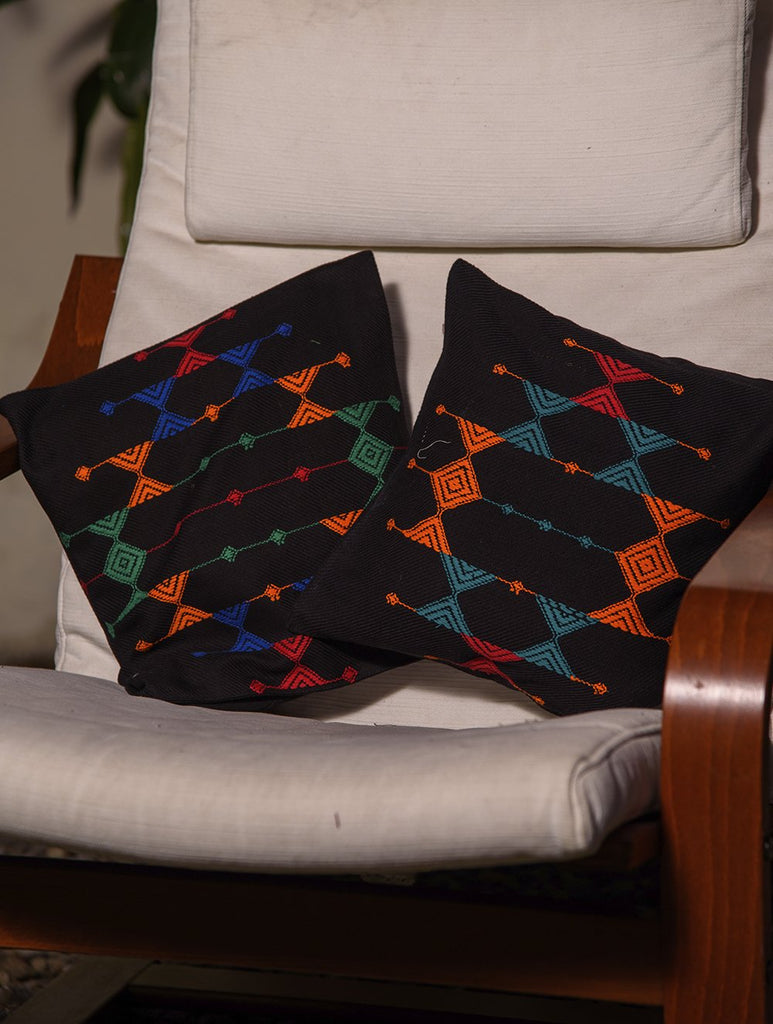Kashida Pattu Woven Cushion Covers - Black (Small, Set of 2)