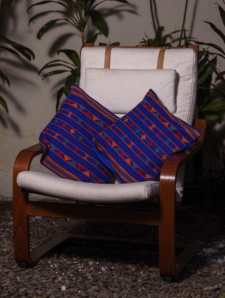 Kashida Pattu Woven Cushion Covers - Blue (Large, Set of 2)