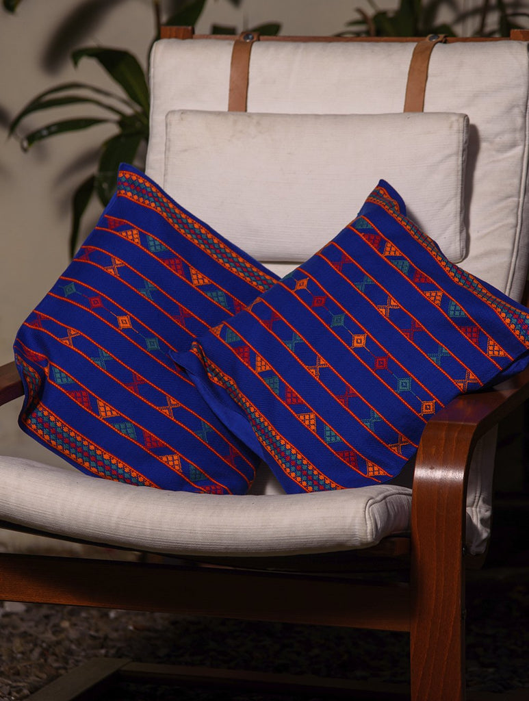 Kashida Pattu Woven Cushion Covers - Blue (Large, Set of 2)