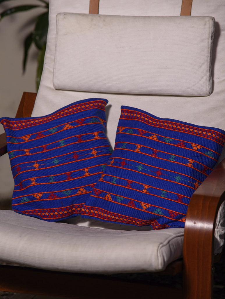 Kashida Pattu Woven Cushion Covers - Blue (Small, Set of 2)