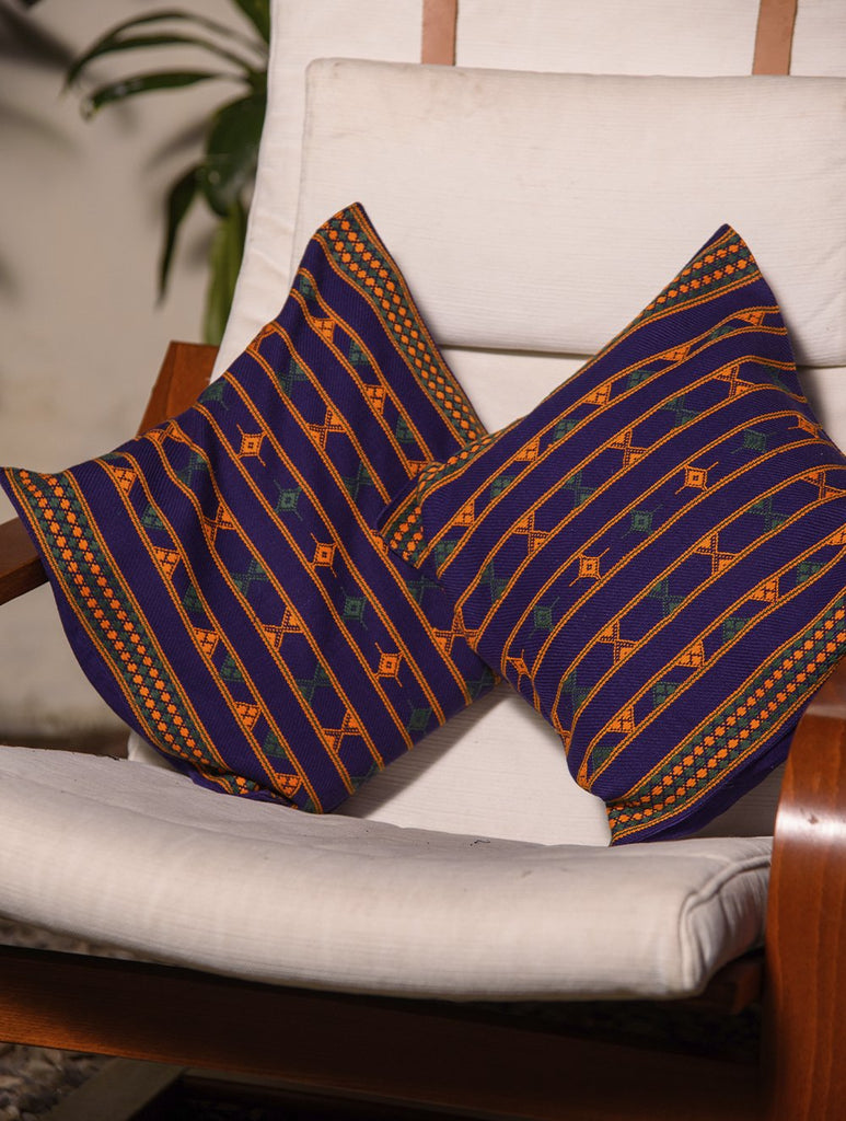 Kashida Pattu Woven Cushion Covers - Dark Blue (Large,Set of 2)