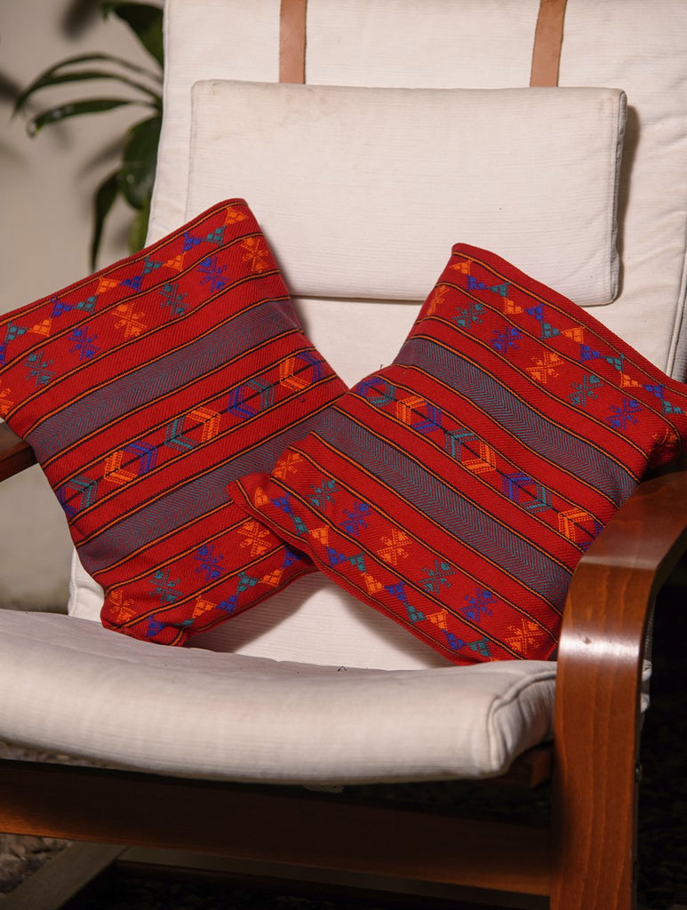 Kashida Pattu Woven Cushion Covers - Red (Large, Set of 2)
