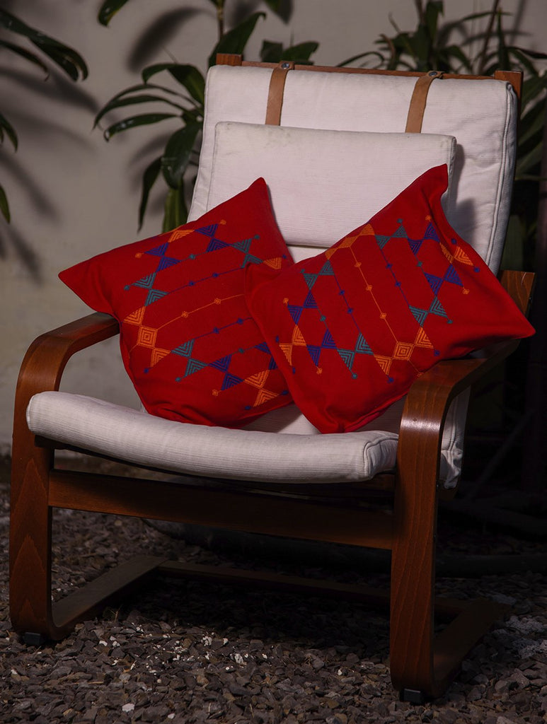 Kashida Pattu Woven Cushion Covers - Red (Large, Set of 2)
