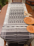 Kashida Pattu Woven Table Runner - White & Black, Extra Large