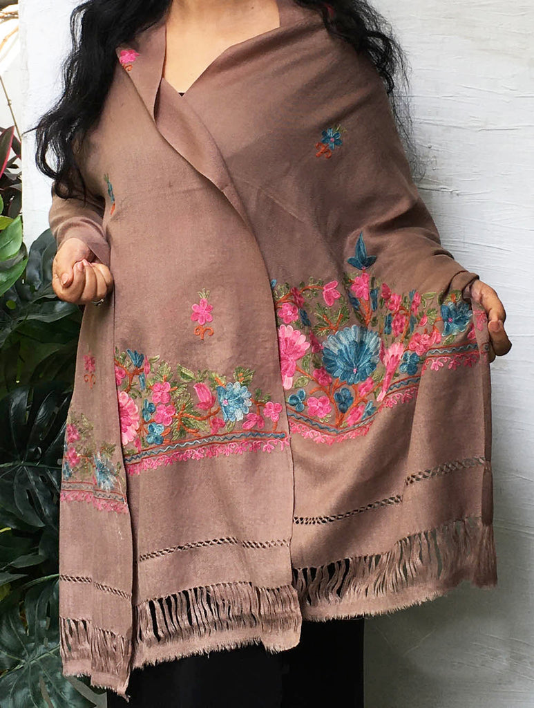 Kashmiri Ari Embroidered Stole - Pale Brown