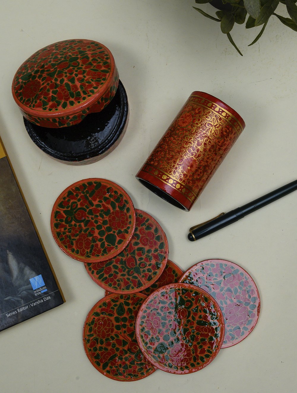 Kashmiri Art Papier Mache Desk Set - Coaster Set  & Pen Stand, Bloom