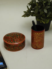 Kashmiri Art Papier Mache Desk Set - Coaster Set  & Pen Stand, Bloom