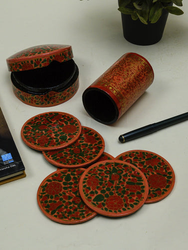 Kashmiri Art Papier Mache Desk Set - Coaster Set  & Pen Stand, Bloom