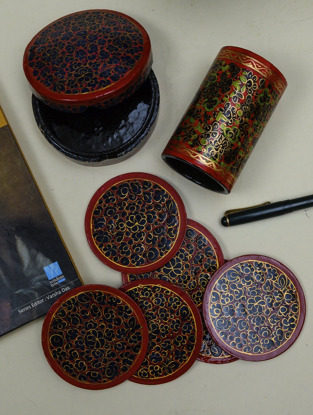Kashmiri Art Papier Mache Desk Set - Coaster Set  & Pen Stand, Gold Bloom