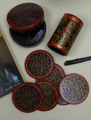 Kashmiri Art Papier Mache Desk Set - Coaster Set  & Pen Stand, Gold Bloom