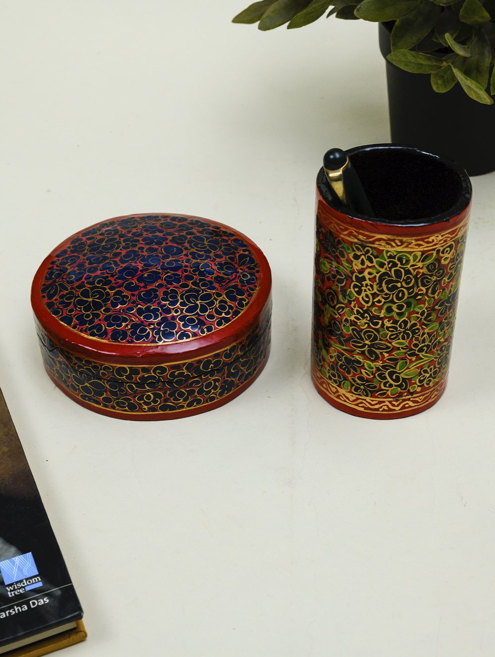 Kashmiri Art Papier Mache Desk Set - Coaster Set  & Pen Stand, Gold Bloom