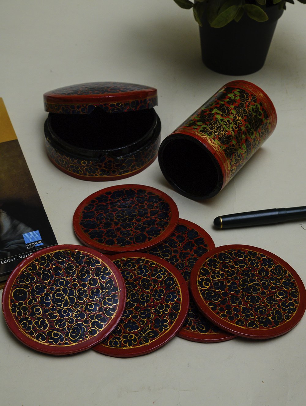 Load image into Gallery viewer, Kashmiri Art Papier Mache Desk Set - Coaster Set  &amp; Pen Stand, Gold Bloom