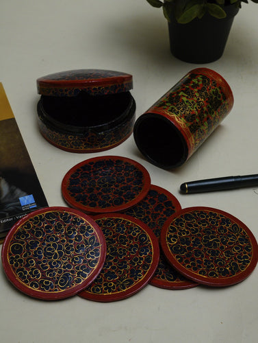 Kashmiri Art Papier Mache Desk Set - Coaster Set  & Pen Stand, Gold Bloom
