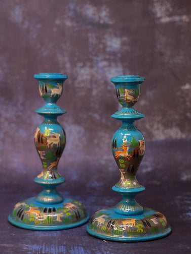 Kashmiri Art Candle Stands, Large (Set of 2) - Blue Forest