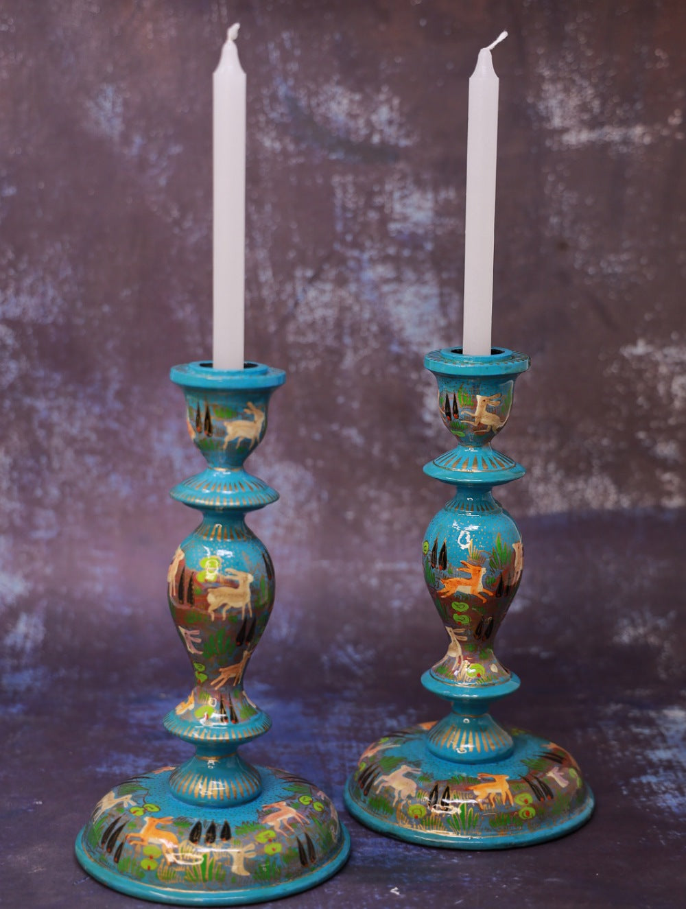 Kashmiri Art Candle Stands, Large (Set of 2) - Blue Forest