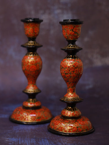 Kashmiri Art Candle Stands, Large (Set of 2) - Orange Floral