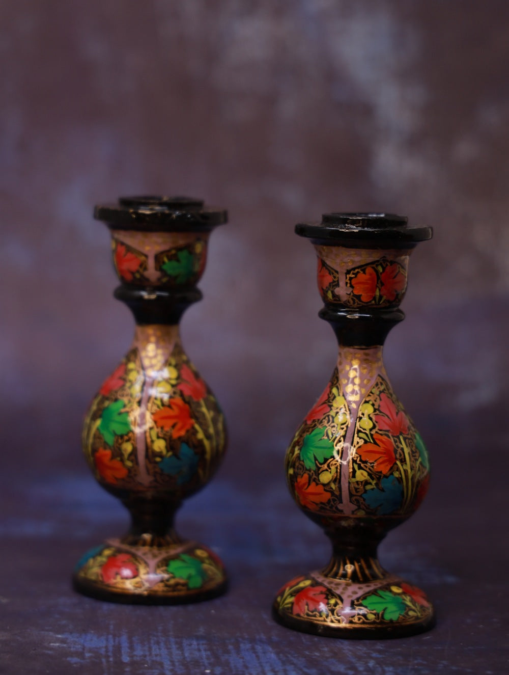Load image into Gallery viewer, Kashmiri Art Candle Stands, Small (Set of 2) - Floral