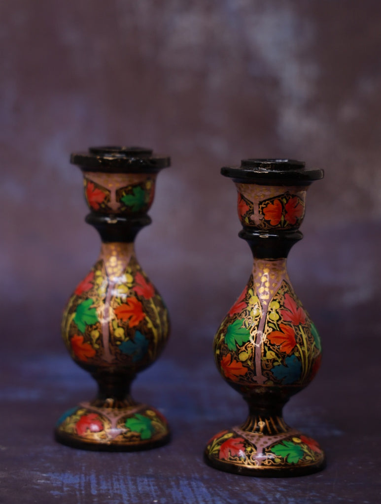 Kashmiri Art Candle Stands, Small (Set of 2) - Floral