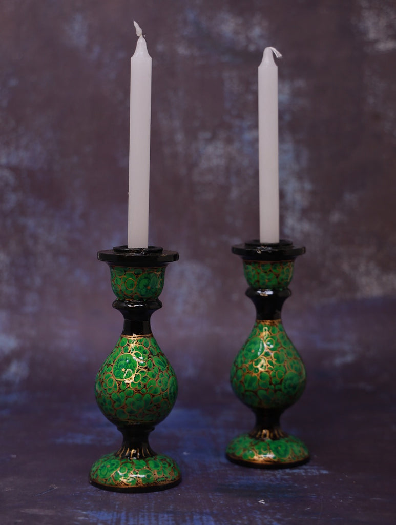 Kashmiri Art Candle Stands, Small (Set of 2) - Green Floral