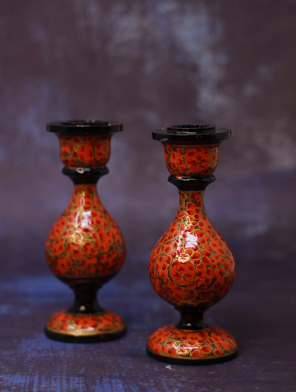 Load image into Gallery viewer, Kashmiri Art Candle Stands, Small (Set of 2) - Orange &amp; Gold