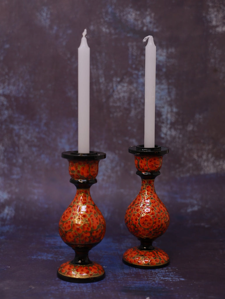 Kashmiri Art Candle Stands, Small (Set of 2) - Orange & Gold
