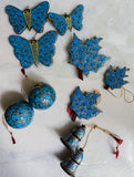 Kashmiri Art Xmas Decorations - Set of 10 (3 Butterflies, 3 Maple Leaves, 2 Bells, 2 Baubles)