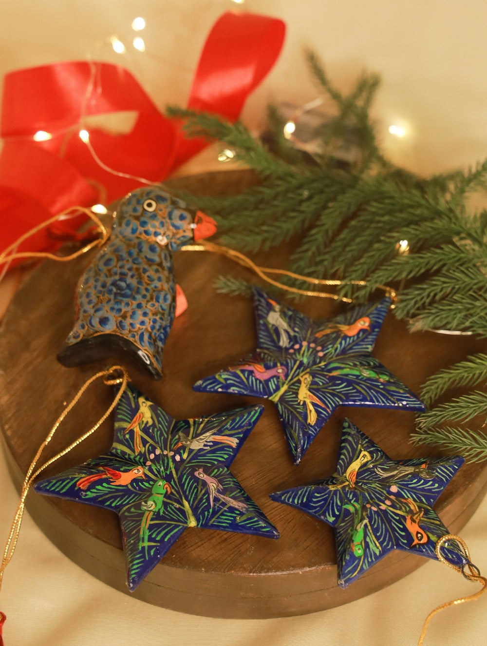 Kashmiri Art Xmas Decorations - Set of 4 (3 Stars & 1 Penguin)