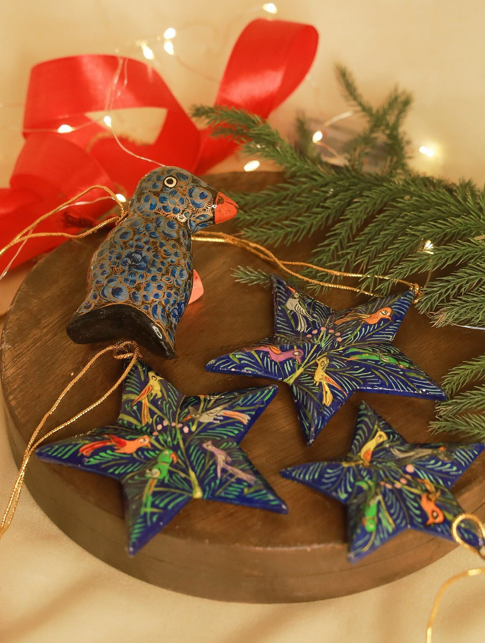 Kashmiri Art Xmas Decorations - Set of 4 (3 Stars & 1 Penguin)