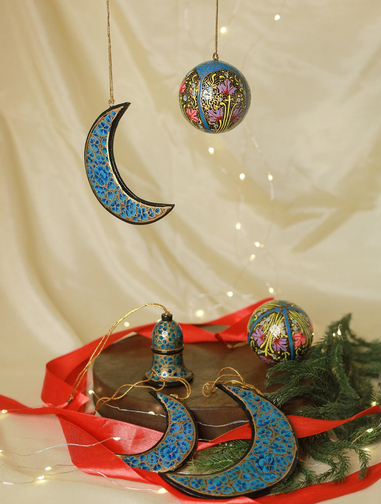 Kashmiri Art Xmas Decorations - Set of 6 (2 Baubles,1 Bell & 3 Moon)