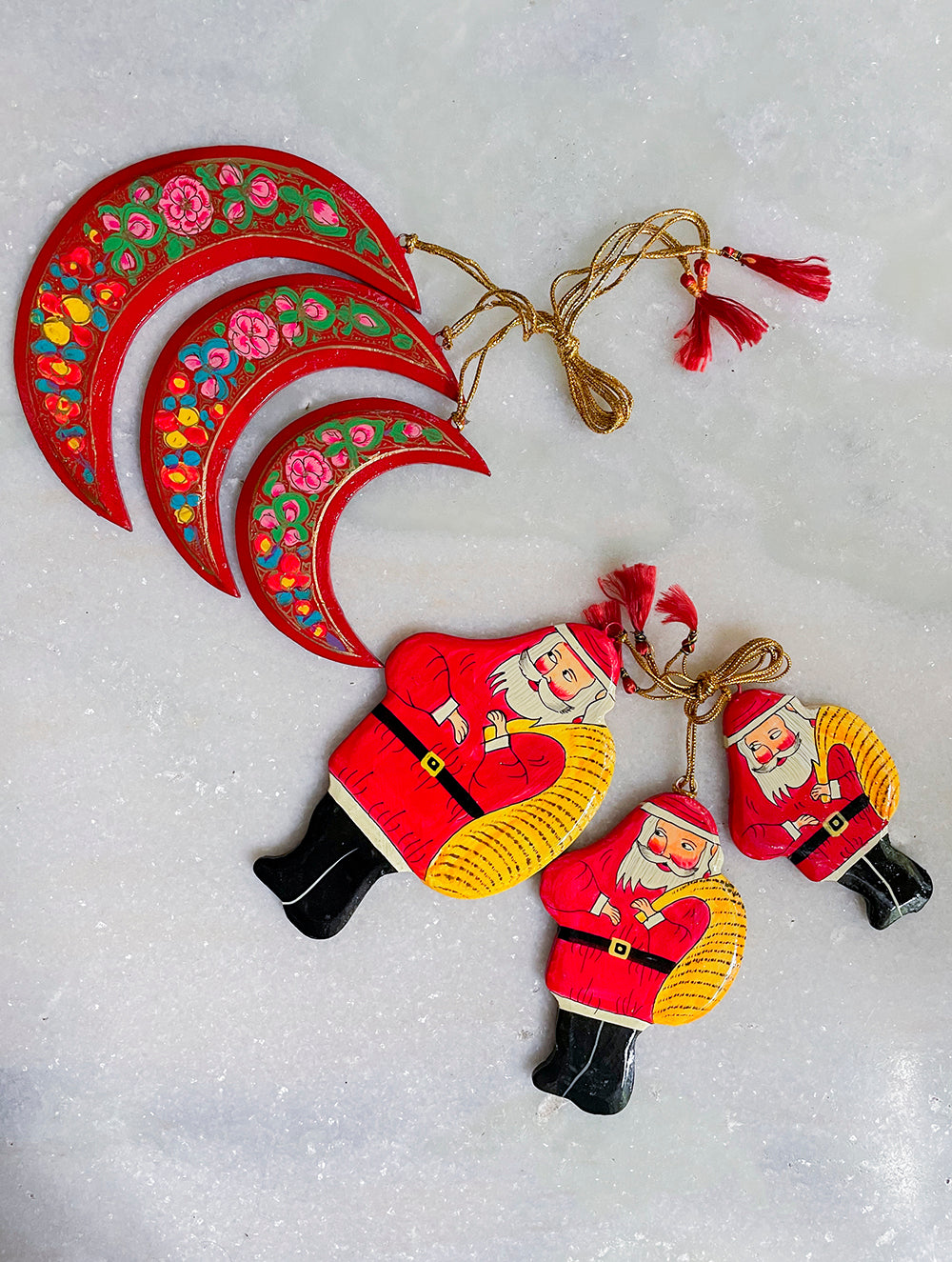 Kashmiri Art Xmas Decorations - Set of 6 (3 Moons, 3 Santa)
