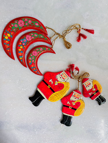 Kashmiri Art Xmas Decorations - Set of 6 (3 Moons, 3 Santa)