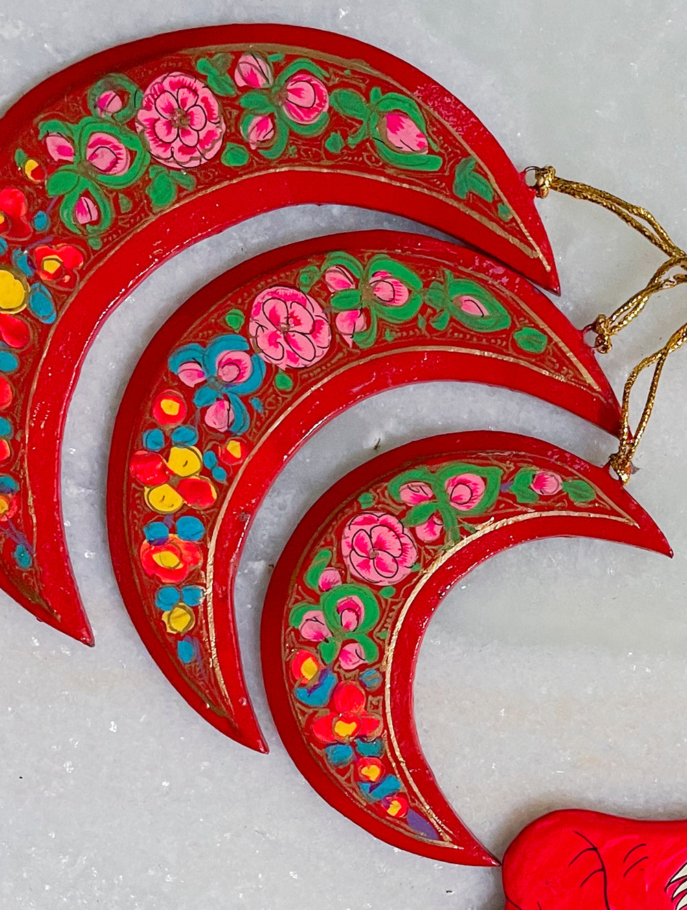 Kashmiri Art Xmas Decorations - Set of 6 (3 Moons, 3 Santa)