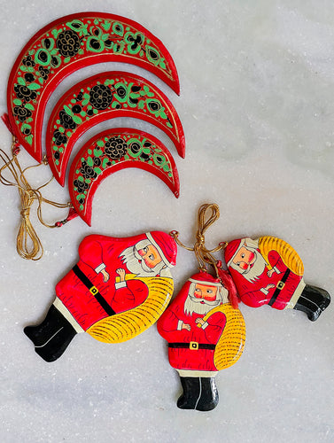 Kashmiri Art Xmas Decorations - Set of 6 (3 Moons, 3 Santa)