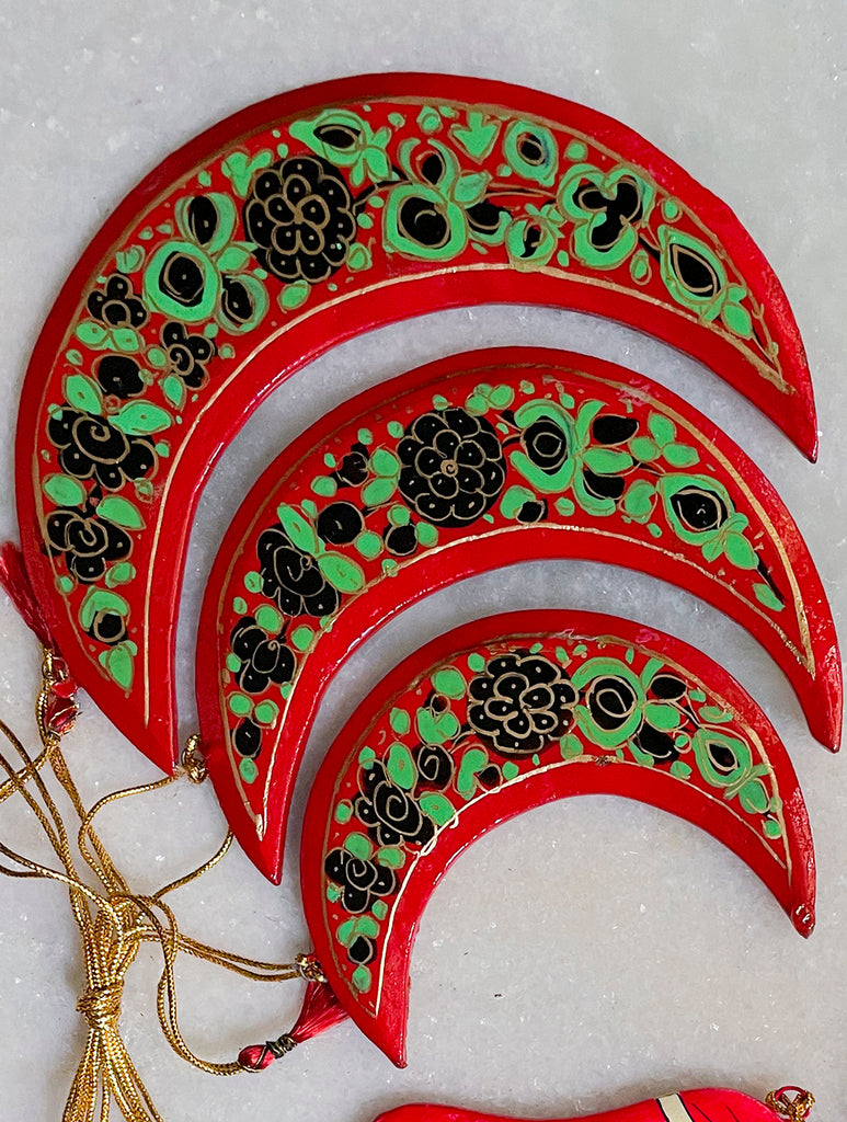 Kashmiri Art Xmas Decorations - Set of 6 (3 Moons, 3 Santa)