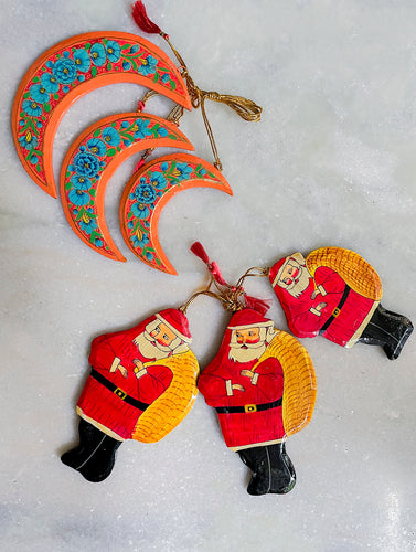 Kashmiri Art Xmas Decorations - Set of 6 (3 Moons, 3 Santa)