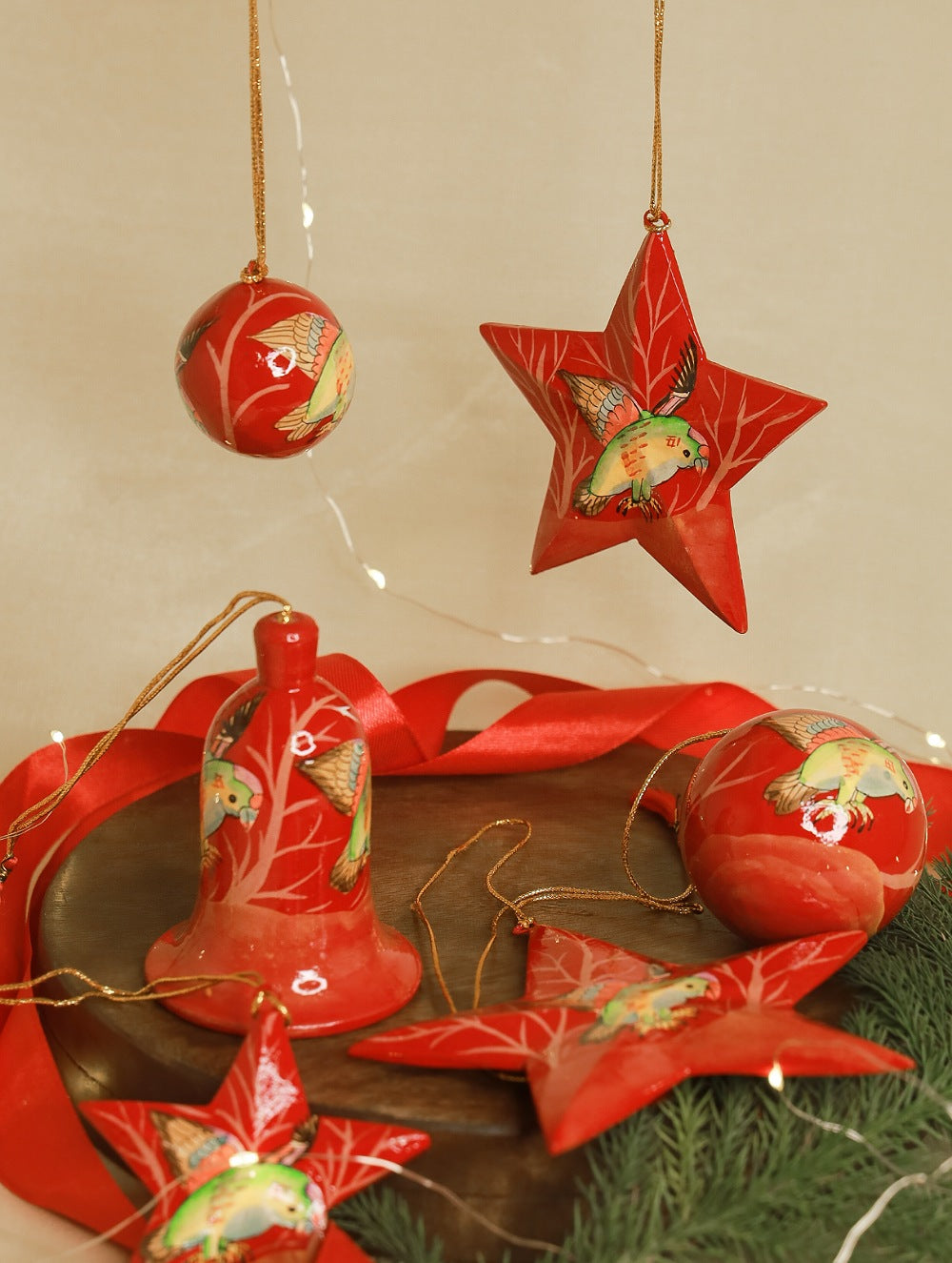 Load image into Gallery viewer, Kashmiri Art Xmas Decorations - Set of 6 (3 Stars, 2 Baubles &amp; 1 Bell)