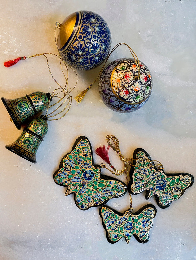 Kashmiri Art Xmas Decorations - Set of 7 (3 Butterflies, 2 Baubles, 2 Bells)