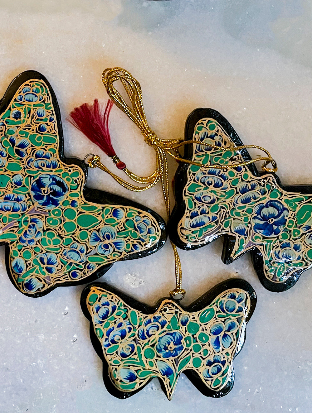 Kashmiri Art Xmas Decorations - Set of 7 (3 Butterflies, 2 Baubles, 2 Bells)