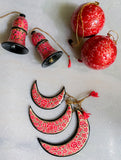 Kashmiri Art Xmas Decorations - Set of 7 (3 Moons, 2 Baubles, 2 Bells)
