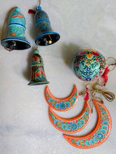 Load image into Gallery viewer, Kashmiri Art Xmas Decorations - Set of 7 (3 Moons, 3 Bells, 1 Bauble)